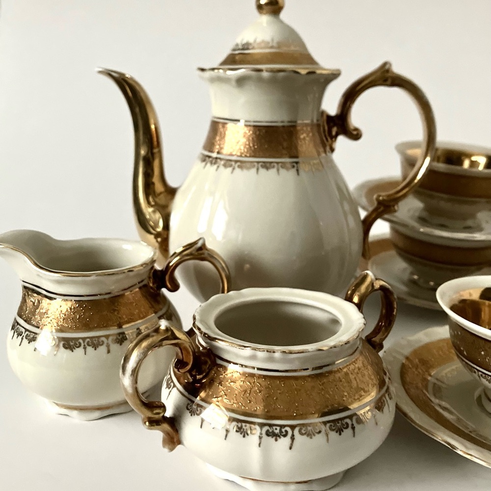 Vintage Royal Porzellan Bavaria KM Germany Porcelain Gilded Tea Coffee Set 1950s